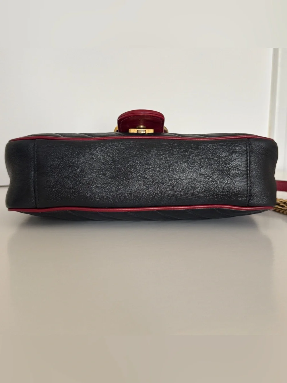 Gucci GG Marmont Medium Diagonal Black Bag Burgundy Trim Gold Hardware